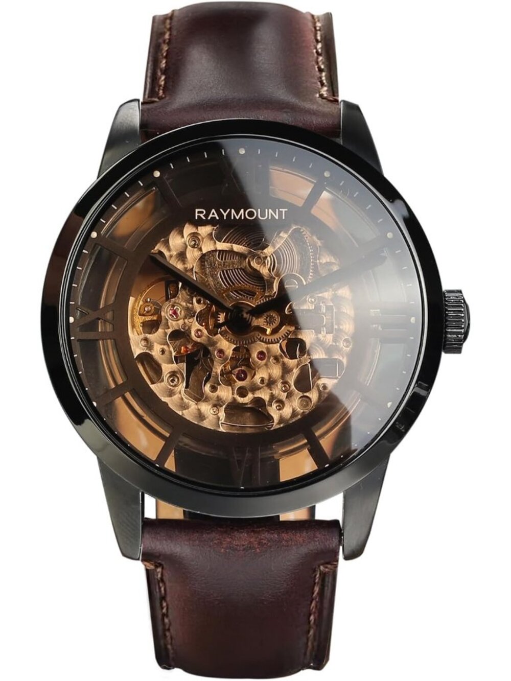 Men's Brown Mechanical Movement Skeleton Dial Automatic Leather Strap Watches